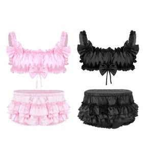 Men Sissy Lingerie Set Ruffled Lace Satin Bra Crop Top Panty Crossdress Pajamas - Picture 1 of 53