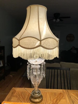 Vintage Cut Glass Table Lamp with 10 crystal prisms, brass base & Fringed Shade - Image 1 of 4
