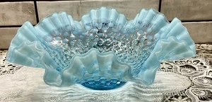 Vtg Large Fenton Aqua Opalescent Hobnail Glass 11 1/4” Ruffled Bowl. Gorgeous! - Picture 1 of 9
