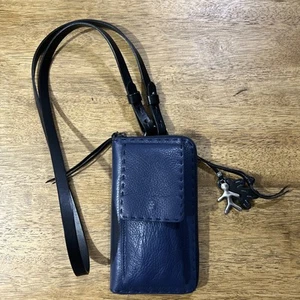 Henry Beguelin Leder Handy Crossbody Schultertasche Geldbörse Deep Blue Black Strap - Bild 1 von 24