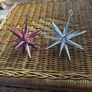 2 Vintage Christmas Sputnik Atomic Starburst Hanging Ornaments Red & Silver 5” - Picture 1 of 3