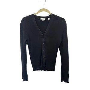 Vince Stretchy Black Ribbed Cardigan Size Large Classic Office Closet Staple - Picture 1 of 6