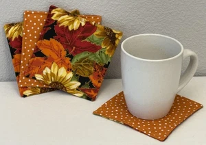 Fall Halloween Sunflower Leaf Polka Dot Reversible Drink Coaster Orange Set of 4 - Picture 1 of 6