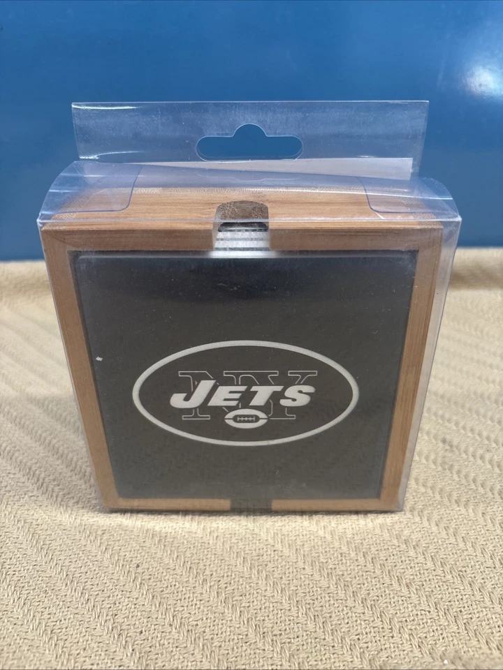 New York Jets Coasters Set of 4 Ceramic In Wood Caddy Drink Bar NFL Man Cave - Image 1 of 4