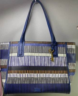 "Bolso de mano grande de lona recubierta de fósil azul y blanco a rayas 11x11,5x4,5"" usado en excelente estado" Foto 1 de 4