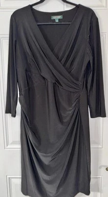 Lauren Ralph Lauren Dress Size 12 Dark Black 3/4 Sleeve V Neck Ruched LBD Wrap - Image 1 of 4
