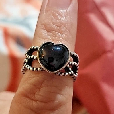 正品 Pandora 0.925 ALE Mi Amor 黑色玛瑙心形戒指 - 尺寸 6 — 第 1/4 张图片