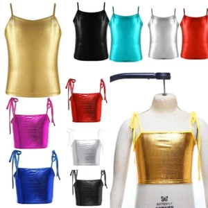 Girl Metallic Dance Tank Kids Camisole Shorts Sports Top Shiny Stage Dancewear - Picture 1 of 108