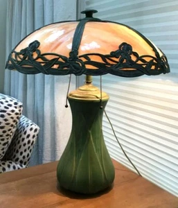 Antique American Craftsman Green-Glazed Pottery Table Lamp Patinated Glass Shade - Picture 1 of 12