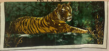 Vintage Green & Gold Velvet Tapestry Wall Hanging Tiger 44 1/2 x 26 3/4"