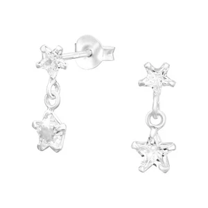 Star 925 Sterling Silver Crystal Ear Studs Hanging Dangle Pair of Earrings - Picture 1 of 1