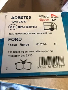 FORD FOCUS MK1 REAR BRAKE PADS ALLIED NIPPON ADB0705 - Picture 1 of 3