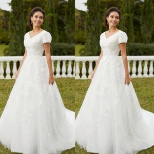 Beach Boho Wedding Dresses Short Sleeves V Neck Sweep Train A Line Bridal Gowns - Picture 1 of 9