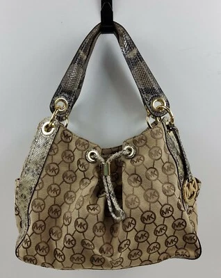 Michael Kors Signature Python Trim Drawstring Shoulder Handbag Purse - Image 1 of 4
