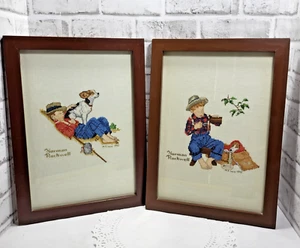 Norman Rockwell Gone Fishing 1992 Framed Cross Stich Set Of 2 Pictures 11.5x16" - Picture 1 of 14