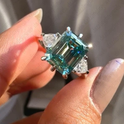 4.85 TCW Green Emerald Moissanite 3-Stone Engagement Ring Solid 14k White Gold - Image 1 of 4