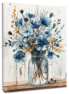 Arte de pared rústico de lienzo de flores silvestres azules planta de granja para baño sala de estar - Imagen 1 de 22