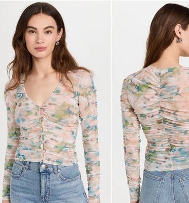 Top ASTR The Label Missoula Acanalado Abstracto Top Mediano Transparente Manga Larga Malla Foto 1 de 4