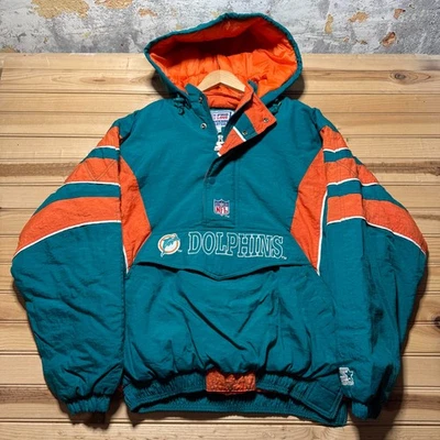 Jaqueta Anorak Vintage Anos 90 Miami Dolphins NFL Bordada Meio Zíper com Capuz - Grande - Imagem 1 de 4