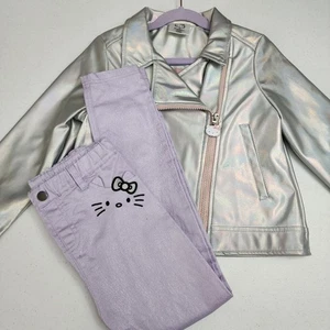 Sanrio Hello Kitty Girls Metallic Silver Moto Jacket & Pants Outfit Set Size 6 - Picture 1 of 13