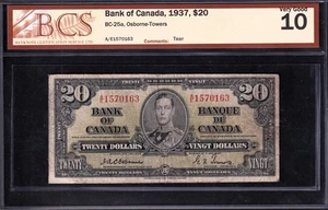 Bank Of Canada 1937 $20 Twenty Dollar Banknote Osbourne-Towers BCS Graded VG-10 - Picture 1 of 2