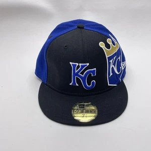 Kansas City Royals Hat Cap Fitted Mens 7 1/2 Blue Black MLB Baseball New Era - Picture 1 of 12