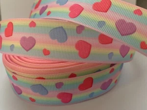 Grosgrain Pastel Rainbow with Colourful Hearts Ribbon 1" 25mm - Picture 1 of 1