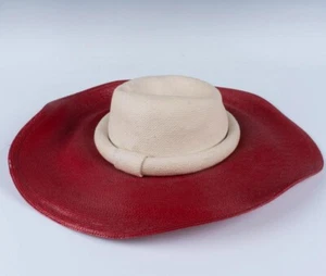 VTG 20th Century Frank Olive Straw Hat - Wide Red Brim with Cream Crown - Picture 1 of 4