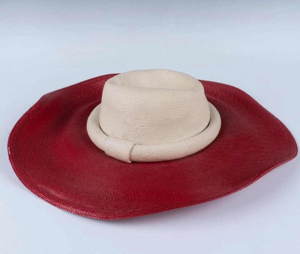 VTG 20th Century Frank Olive Straw Hat - Wide Red Brim with Cream Crown - Image 1 of 4