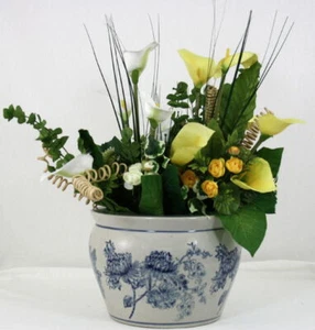 Planter Flower Pot Blue Magnolia Floral Ceramic Home Patio Garden Ornament Decor - Picture 1 of 2