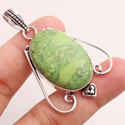 Turchese Gemma 925 Ciondolo Placcato Argento Handmade Gioielli Regalo 4.3cm - Immagine 1 di 3