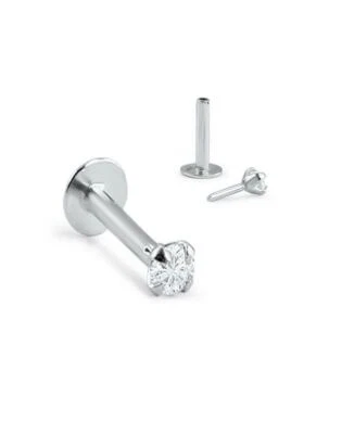 14K Solid White Gold Threadless Labret Nose Ring Monroe Push Pin Post Clear 18G - Image 1 of 2