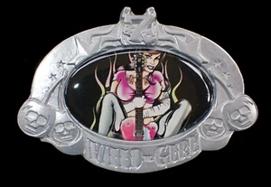 SEXY D. VICENTE WILD GIRL WITH GUITAR BELT BUCKLE PEWTER & CHROME NEW - Picture 1 of 2