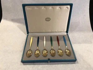 Georg Jensen Sterlingsilber Vermeil Demitasse Emaille Löffel Box 6er Set Dänemark - Bild 1 von 14