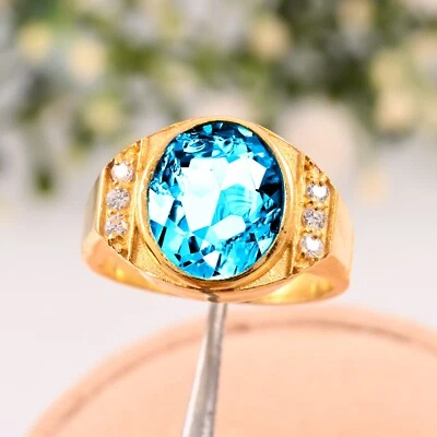 Excelente anillo de topacio azul cielo natural plata 925 oro amarillo peleado anillo para hombre Foto 1 de 3