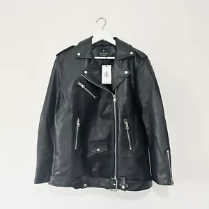 Stradivarius Faux Leather Biker Jacket Size L Black Capsule Wardrobe RRP £46 - Picture 1 of 11