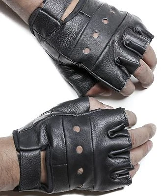 Fingerless Gloves Black Mens Lightweight Heavy Duty Genuine Premium Leather - Image 1 of 4
