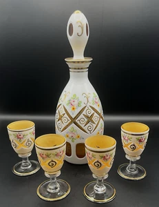 Vintage Bohemian Decanter & 4 Glasses Moser Czech Cased Glass Cut to Amber Roses - Picture 1 of 12