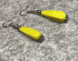 Art Deco Earrings Vintage Yellow Opaque Czech Glass Bead Long 20s Flapper
