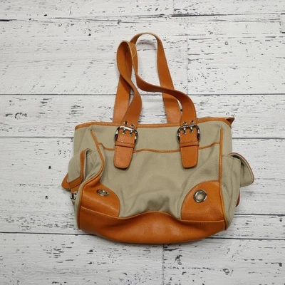Franco Sarto Handbag Womens Tan Orange Shoulder Canvas Faux Leather Turn Lock - Image 1 of 4