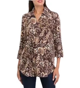 Kim Rogers Womens Floral Print Split Neck Long Sleeve Pullover Blouse Brown Sz L - Picture 1 of 13