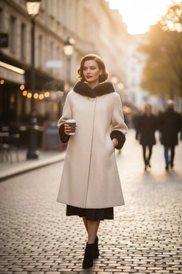 Vintage Late 1950’s -early 1960’s Cream White Wool Swing Coat Mink Trim Medium - Image 1 of 4