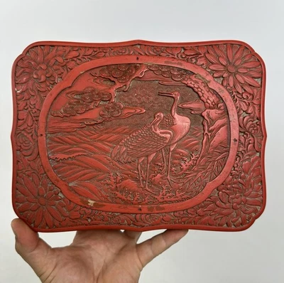 Antique Japanese Meiji Tsuishu Red Cinnabar Lacquer Box Crane Egret Nikko Japan - Image 1 of 4
