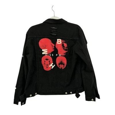 Chaqueta Denim Misbhv Warszawa Heads Mediana Para Hombre Negra Roja Envejecida Punk Grunge Foto 1 de 4