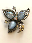 Vintage Signed Austria Rhinestone Moonglow Glass Brooch Pin...Blue