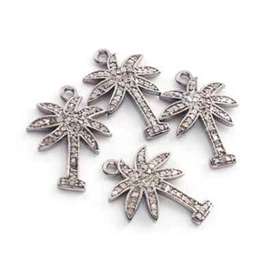 1 Pc Pave Diamond Palm Tree Charm 925 Sterling Silver Pendant - 20mmx15mm - Picture 1 of 7