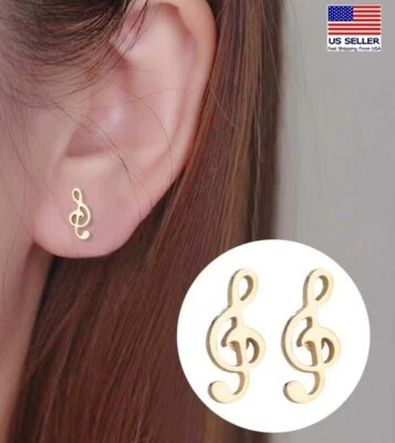 Fashion Women Stainless Steel Simple Studs Treble Clef Music Notes Earrings 1257 - Image 1 of 4