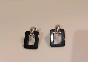 Vintage Napier Silvertone & Black Rectangle Doorknocker Earrings, Screw Back - Picture 1 of 17