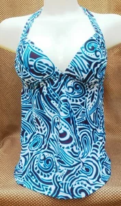 BISOU BISOU BOHBOT SWIMWEAR PLUNGE HALTER TANKINI SWIM TOP AQUA BROWN WHITE NWT - Picture 1 of 9