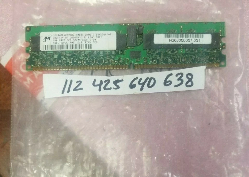 MT18HTF12872DY-40EB1 1GB DDR2  2RX8 RAM  400MHz PC2-3200R  ECC REGISTERED - Image 1 of 1
